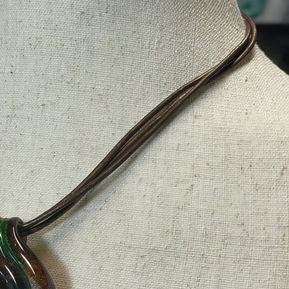 Vintage Fairy Core Green Brown Blue Glass Spiral Corded Pendant Necklace Choker - Picture 4 of 10